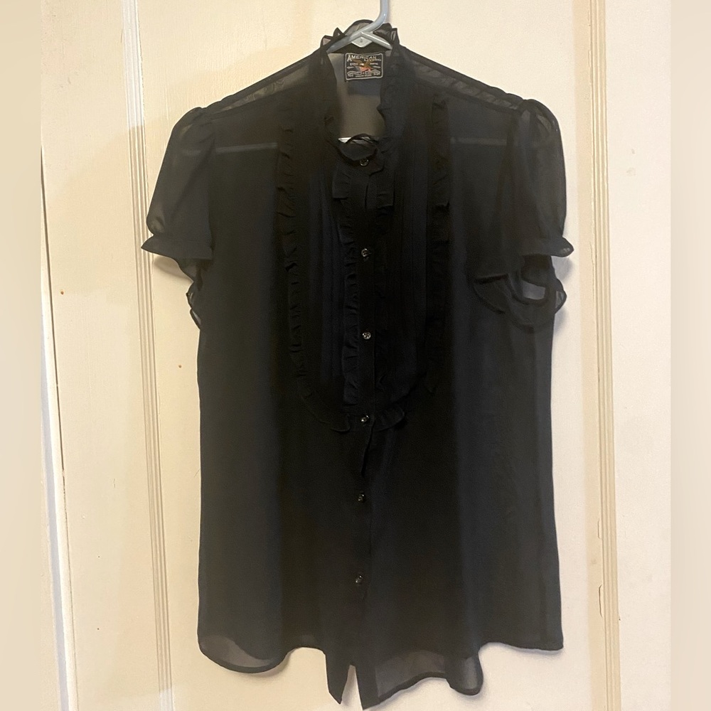 American Living Sheer Black Ruffle Button Up
